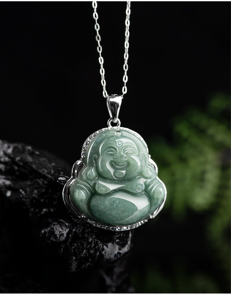 Grade A Jade Laughing Buddha Pendant – Women’s S925 Silver Mounted Bean-Type Jade Amulet