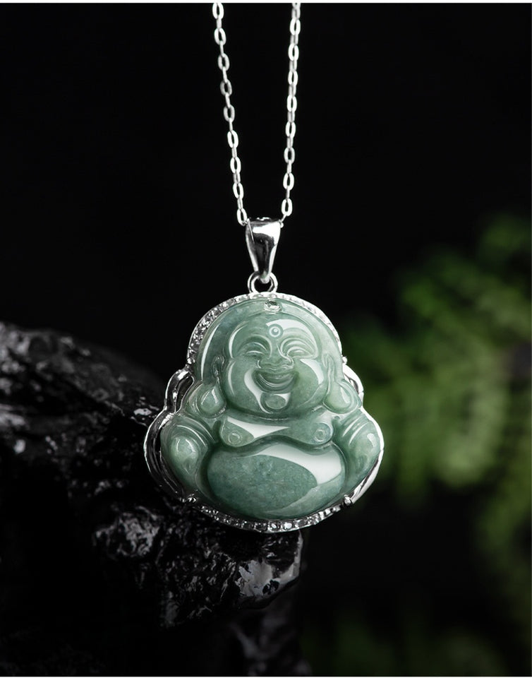 Grade A Jade Laughing Buddha Pendant – Women’s S925 Silver Mounted Bean-Type Jade Amulet