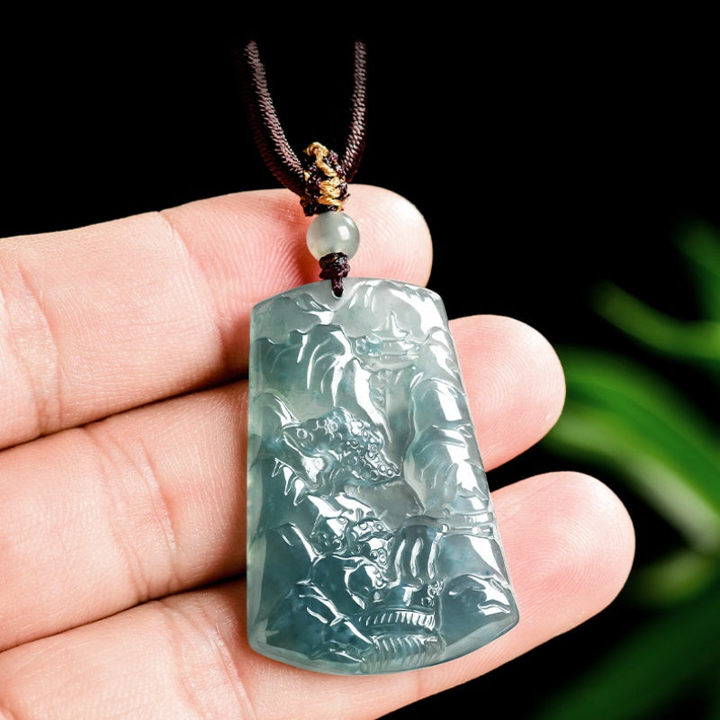 Blue Jadeite Landscape Pendant – Natural A-Grade Glutinous Variety Jade Carving-grade a jade