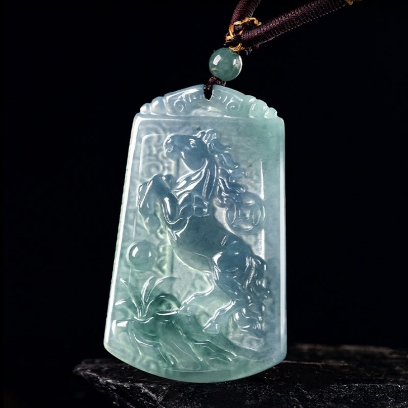 The Galloping Spirit of Success Horse Jade Pendant-Natural Blue Water Jadeite