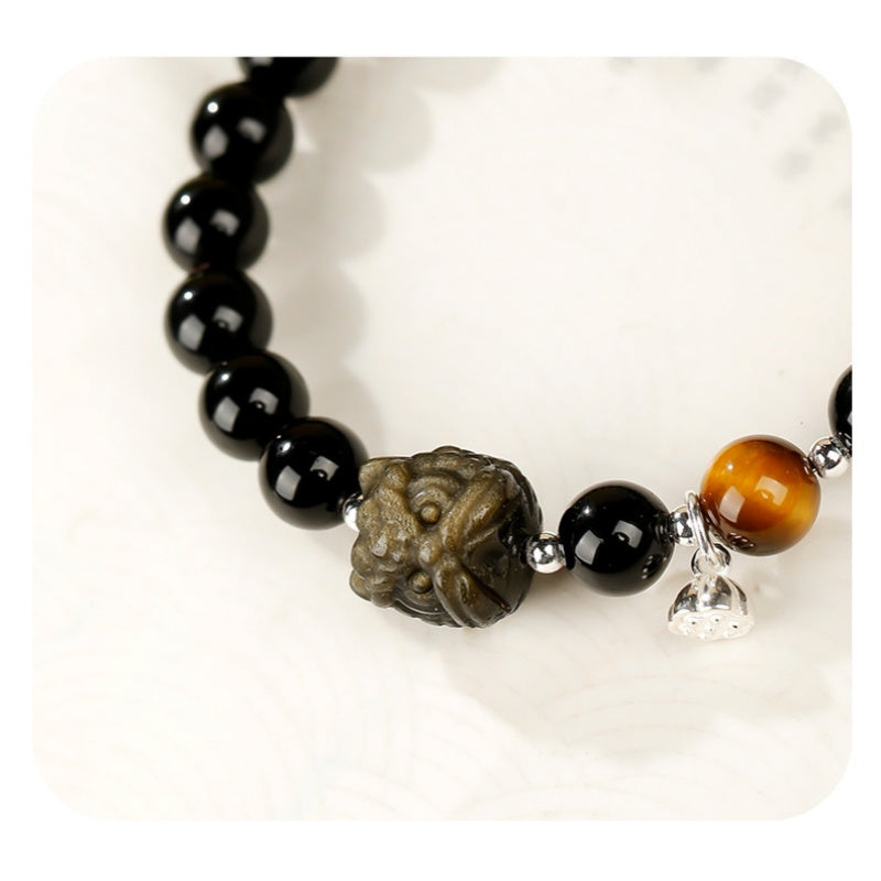 Gold Sheen Obsidian Lion Dance Head Tiger’s Eye Bracelet-Grounded Courage