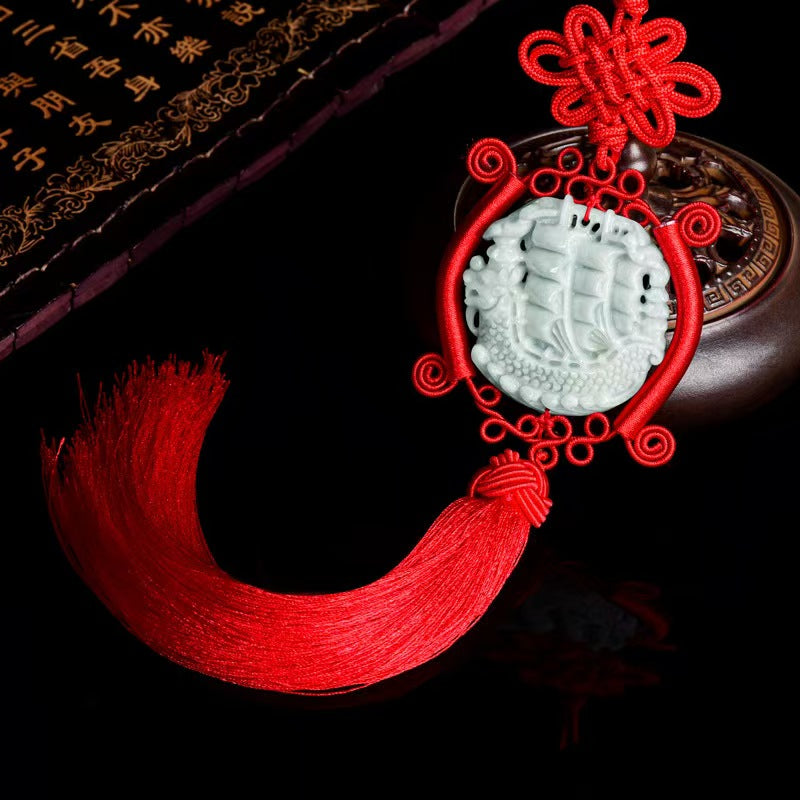 Jade Dragon Boat Car Hanging Ornament – Safe Journey & Success Charm with Red Tassel