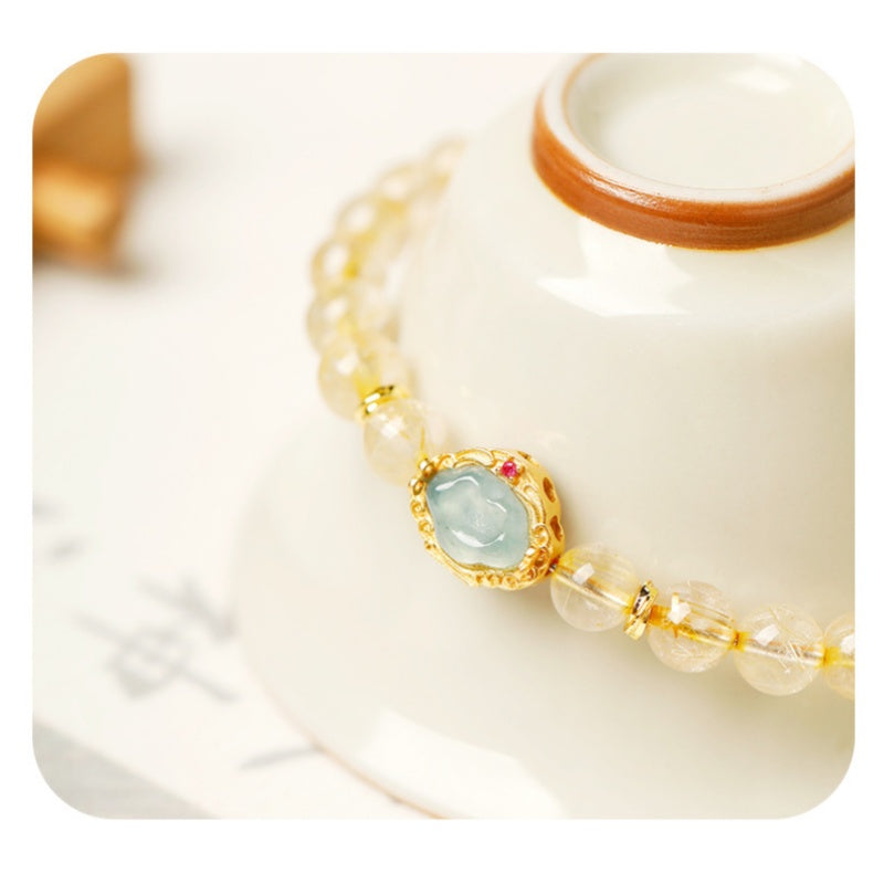 Blue-Water Jadeite Auspicious Cloud Golden Rutilated Quartz Bracelet-Steady Clarity