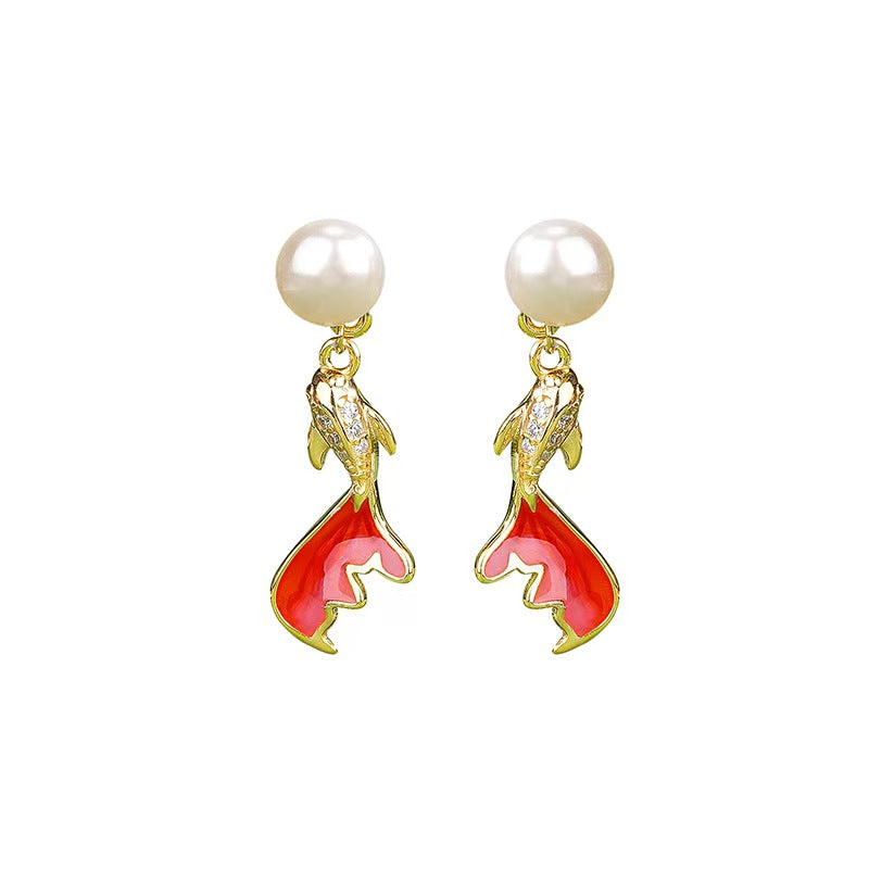 Pearl Koi Fish Drop Earrings – Elegant Gold-Plated Studs with Enamel & Crystals