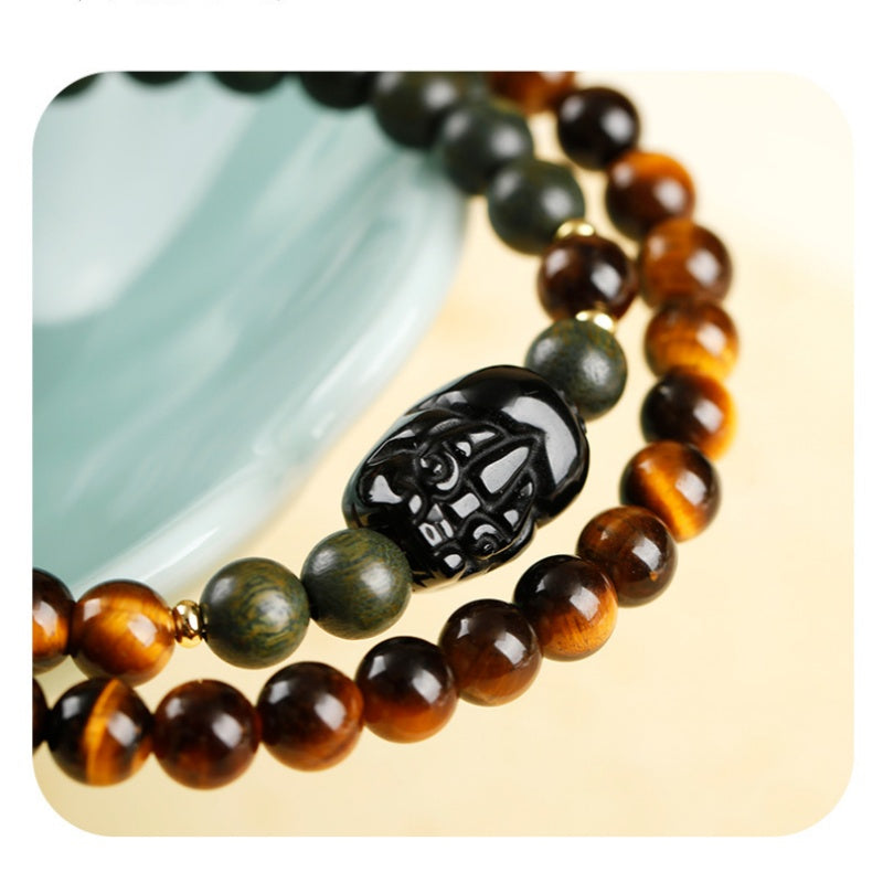 Tiger’s Eye Pixiu Double-Wrap Bracelet with Green Sandalwood