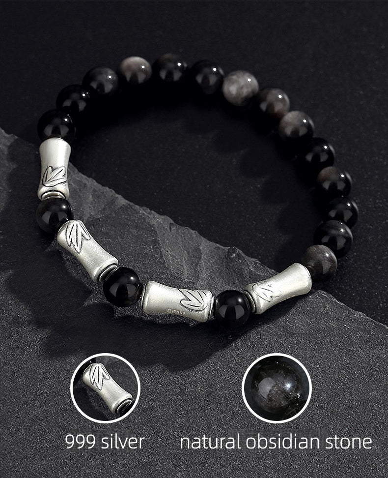 999 Sterling Silver Bamboo Bracelet – Black Obsidian Men’s Bracelet for Success & Steady Growth