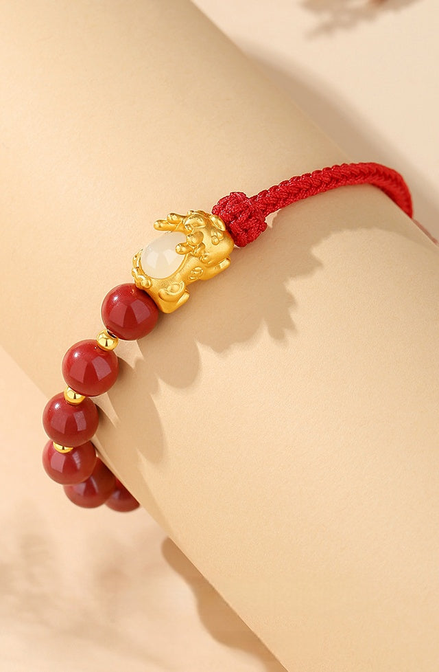 Pixiu Baby Bracelet with Cinnabar & Hetian Jade–Fortune Peace & Protection
