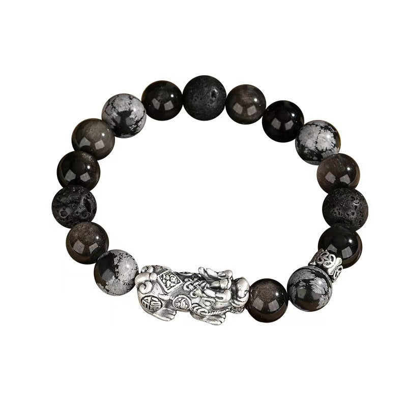 Guardian Flow Pixiu Obsidian & Lava Stone Silver Bracelet