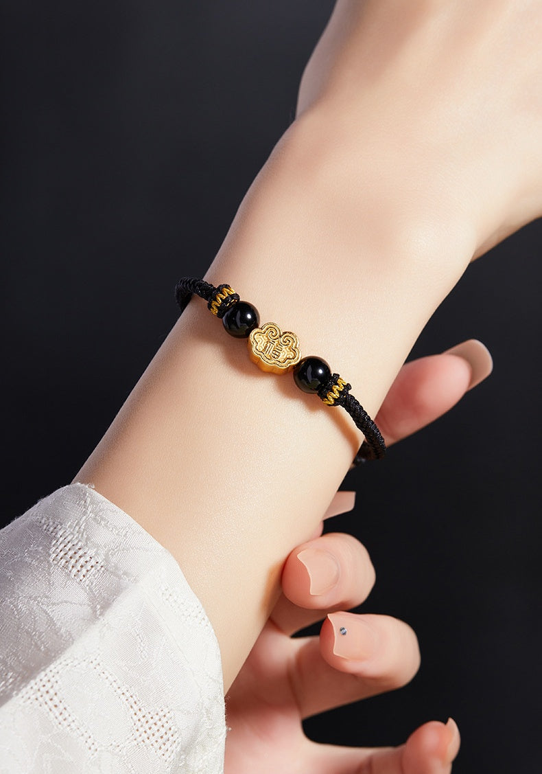999 Sterling Silver & Obsidian Fortune Bracelet – Handmade Lucky Ruyi Knot Design