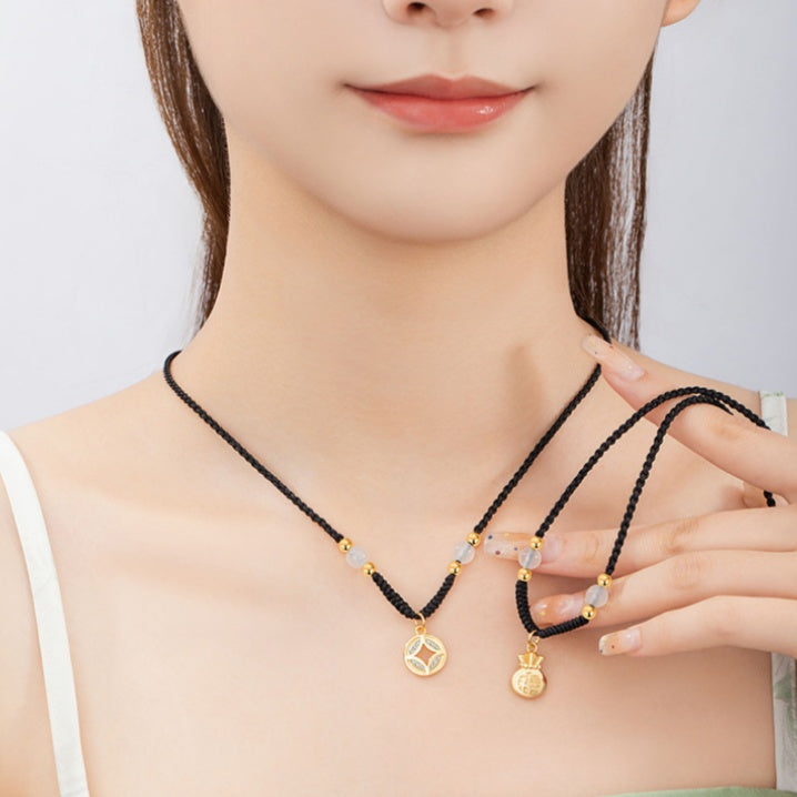 Good Fortune Close-Auspicious Charms Chalcedony Cord Necklace