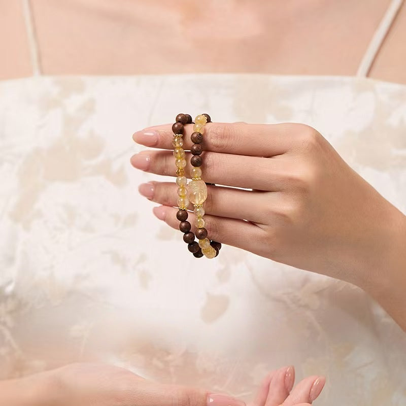 Wisdom Path Rutilated Quartz Pixiu & Sandalwood Abundance Bracelet