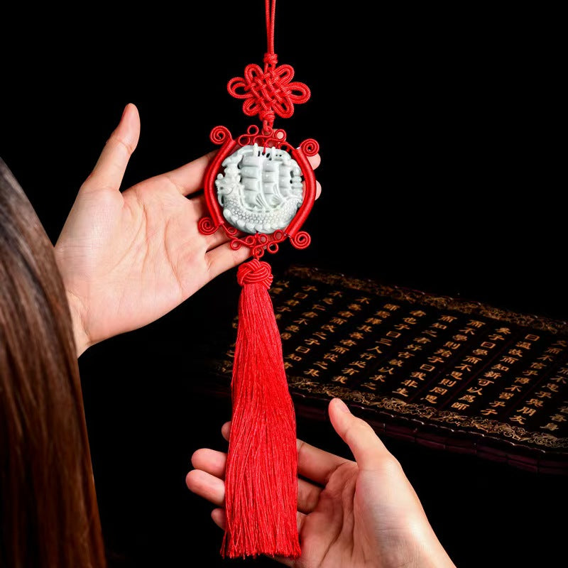 Jade Dragon Boat Car Hanging Ornament – Safe Journey & Success Charm with Red Tassel