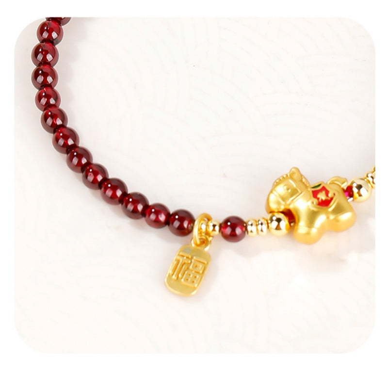 Gold-Plated Silver Lucky Horse Garnet Bracelet-Steady Beyond Obstacles