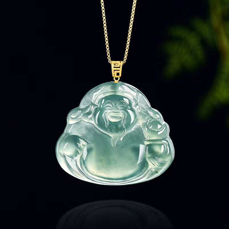 Blue Jadeite God of Wealth Pendant – Natural Ice-Type Jade Necklace with 18K Gold Setting