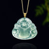 Blue Jadeite God of Wealth Pendant – Natural Ice-Type Jade Necklace with 18K Gold Setting