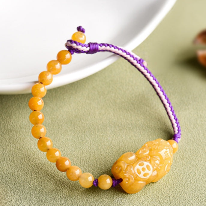 Natural Golden Silk Jade PiXiu Prosperity Hand-Woven Bracelet