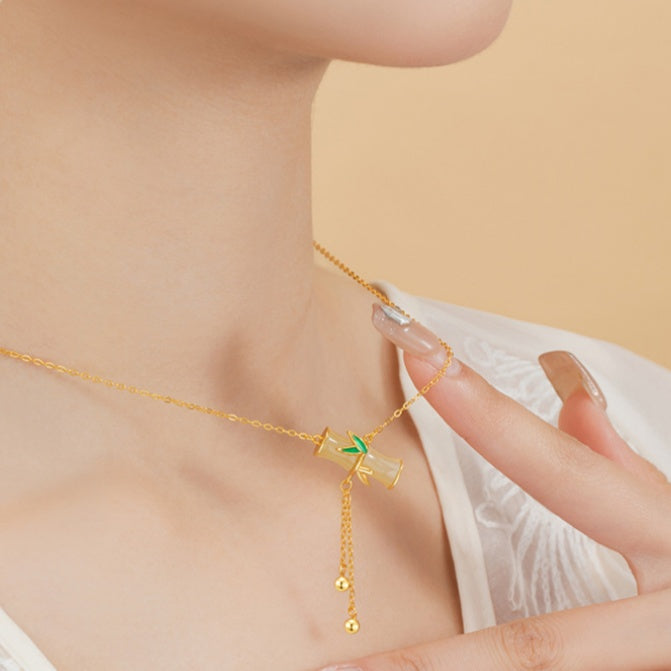 Bamboo Nephrite Jade Tassel Necklace-Happiness and Peace