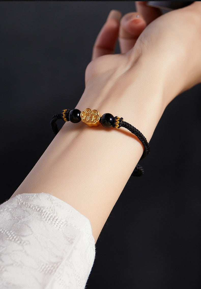 999 Sterling Silver & Obsidian Fortune Bracelet – Handmade Lucky Ruyi Knot Design