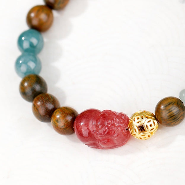 Strawberry Quartz Pixiu Green Sandalwood Bracelet-Verdant Echoes & Crimson Luck