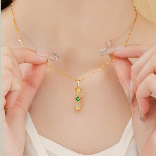 A Wish for Peace and Happiness-Bamboo Clover Nephrite Jade Necklace
