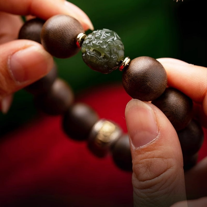Agarwood Bracelet with Hetian Jade Pixiu & Mantra Bead-Steady Fortune