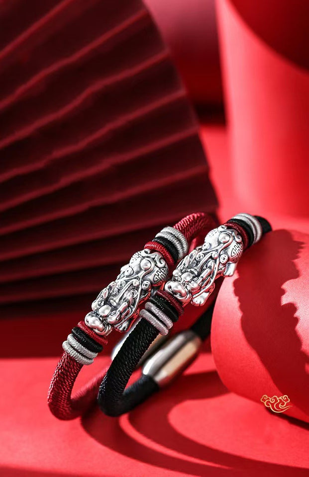 999 Silver Pixiu Handmade Rope Magnetic Clasp Bracelet-Attract Wealth