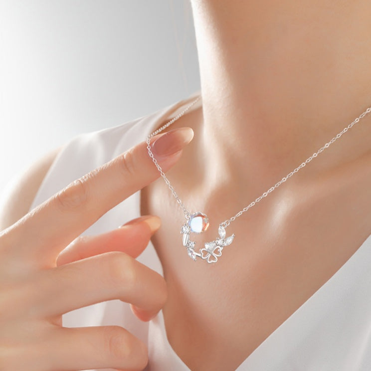 Butterfly & Clover Sterling Silver Necklace-Happiness in Finding You