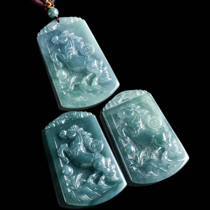 The Galloping Spirit of Success Horse Jade Pendant-Natural Blue Water Jadeite