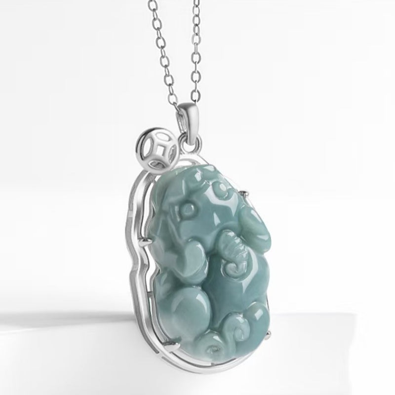 Serene Pixiu Ice Jade Pendant-925 Sterling Silver Necklace for Protection, Wealth & Steady Growth