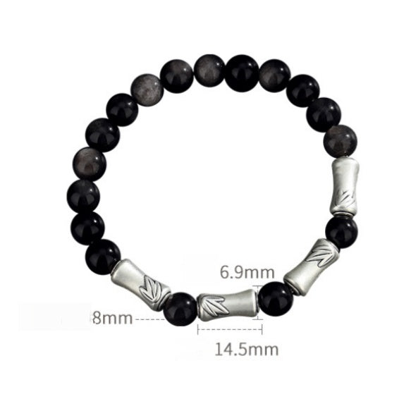 999 Sterling Silver Bamboo Bracelet – Black Obsidian Men’s Bracelet for Success & Steady Growth