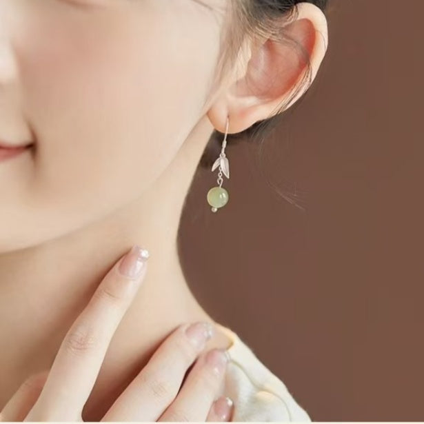 Bamboo Leaf Green Jade Drop Earrings – Gentle Harmony in 925 Sterling Silver
