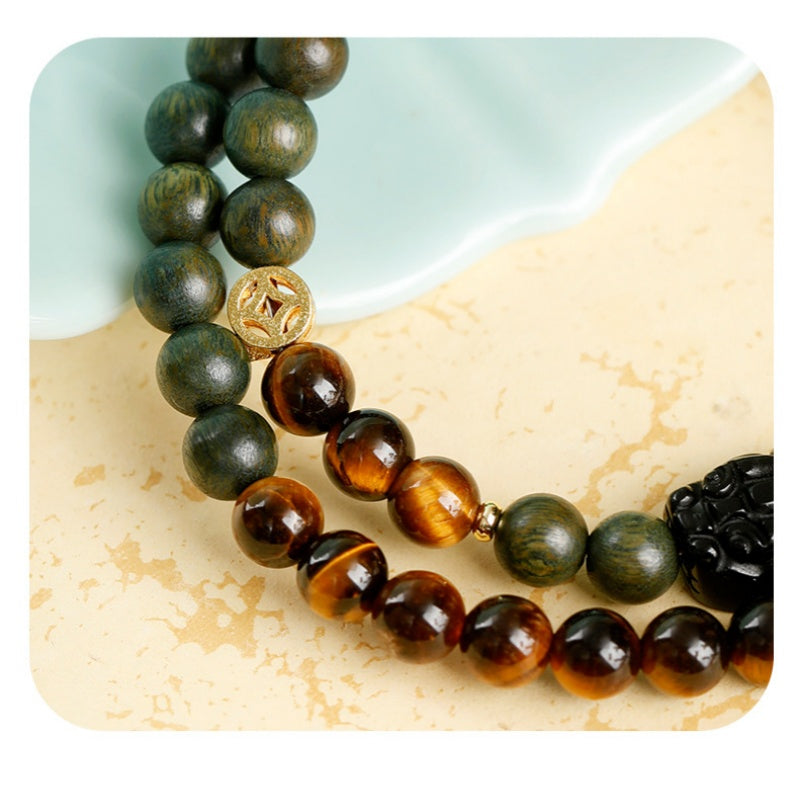 Tiger’s Eye Pixiu Double-Wrap Bracelet with Green Sandalwood