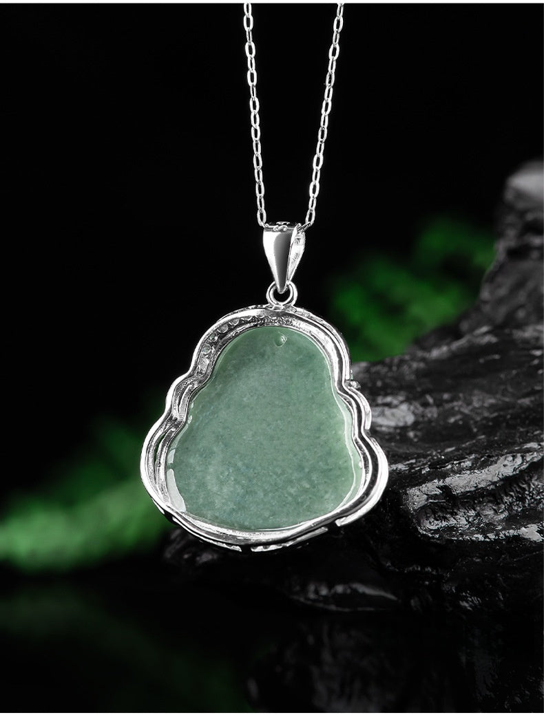 Grade A Jade Laughing Buddha Pendant – Women’s S925 Silver Mounted Bean-Type Jade Amulet