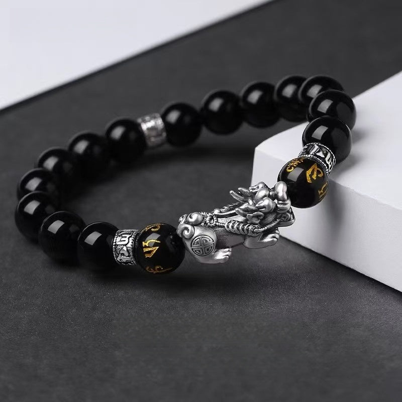 Mystic Guardian Pixiu Obsidian Bracelet in 999 Fine Silver