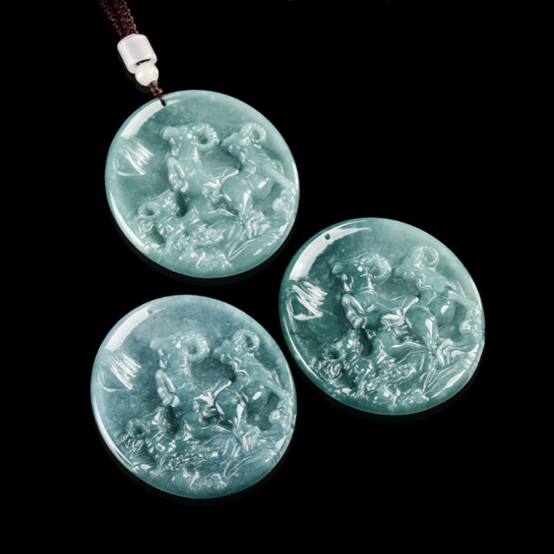 Grade A Blue Jadeite Goat Pendant – “Three Goats Bring Bliss” Carved Jade Amulet for Harmony & Prosperity
