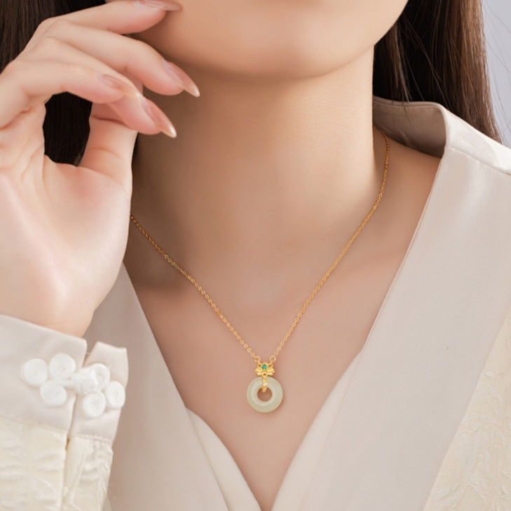 Lotus Nephrite Jade Peace Disc Necklace-Purity and Grace