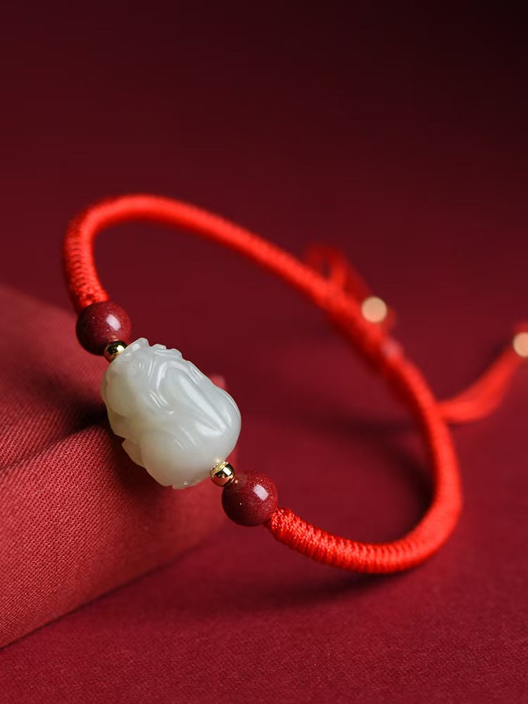 Hetian Jade Pixiu Hand-Woven String Couple Bracelet-Protection and Wealth