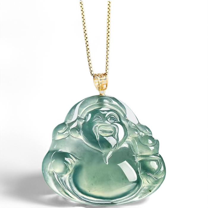 Blue Jadeite God of Wealth Pendant – Natural Ice-Type Jade Necklace with 18K Gold Setting