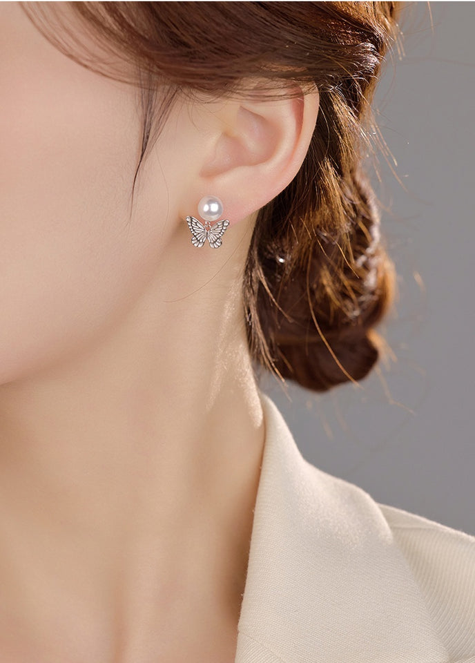Ethereal Butterfly Pearl Silver Stud Earrings