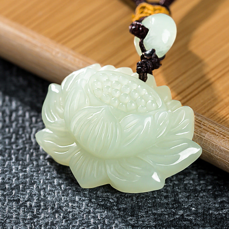 Purity Protection Lotus Hetian Jade Pendant Necklace-Symbol of Purity & Inner Peace