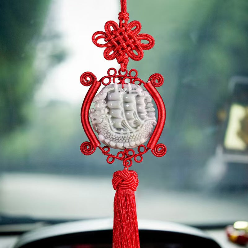 Jade Dragon Boat Car Hanging Ornament – Safe Journey & Success Charm with Red Tassel