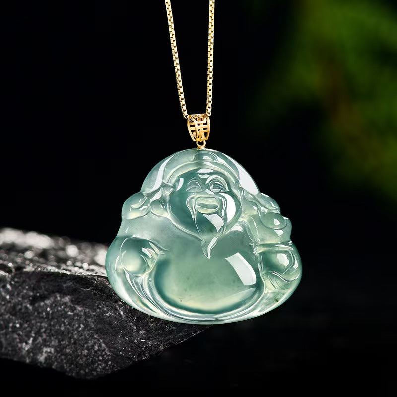 Blue Jadeite God of Wealth Pendant – Natural Ice-Type Jade Necklace with 18K Gold Setting