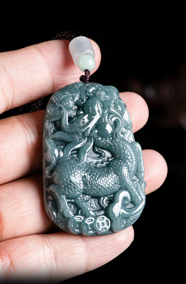 Natural Grade A Blue Jadeite Qilin Pendant – Ice Variety Jade Necklace for Men