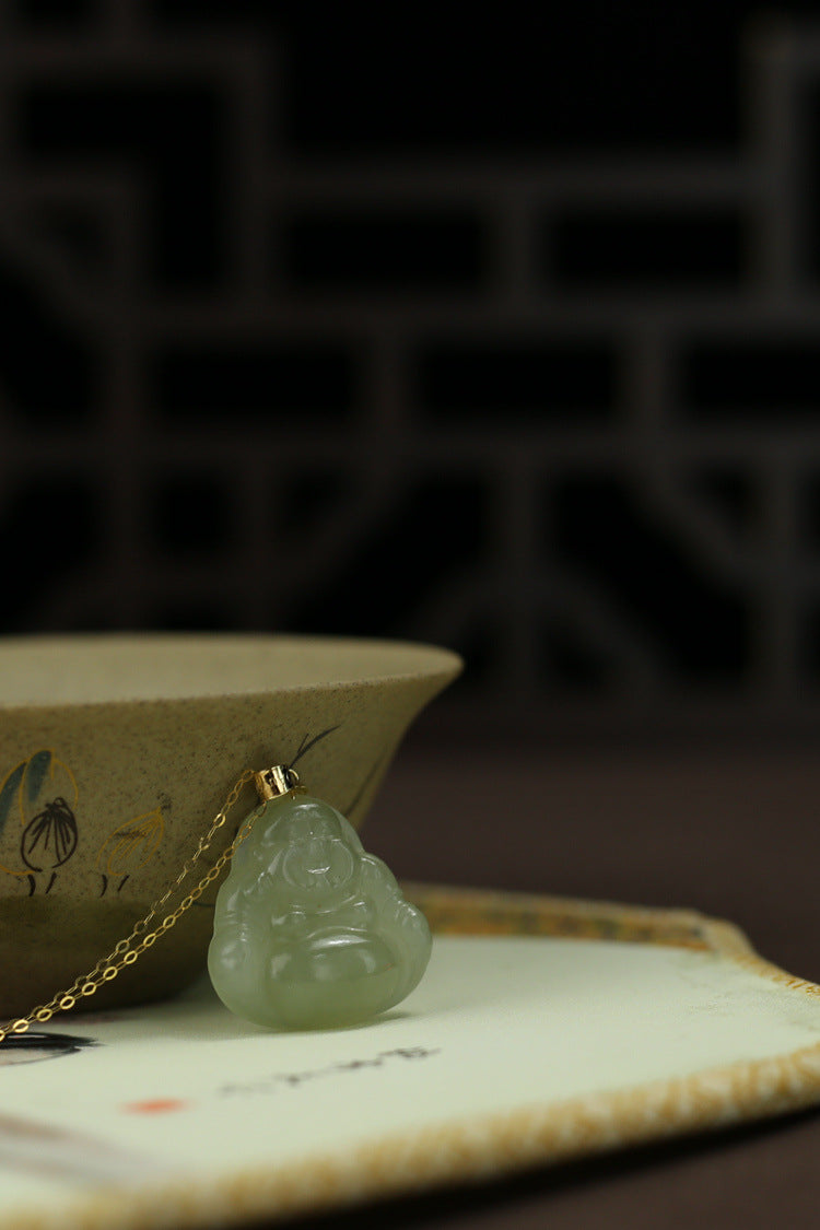 Laughing Buddha Peace & Abundance Hetian Jade Pendant Necklace