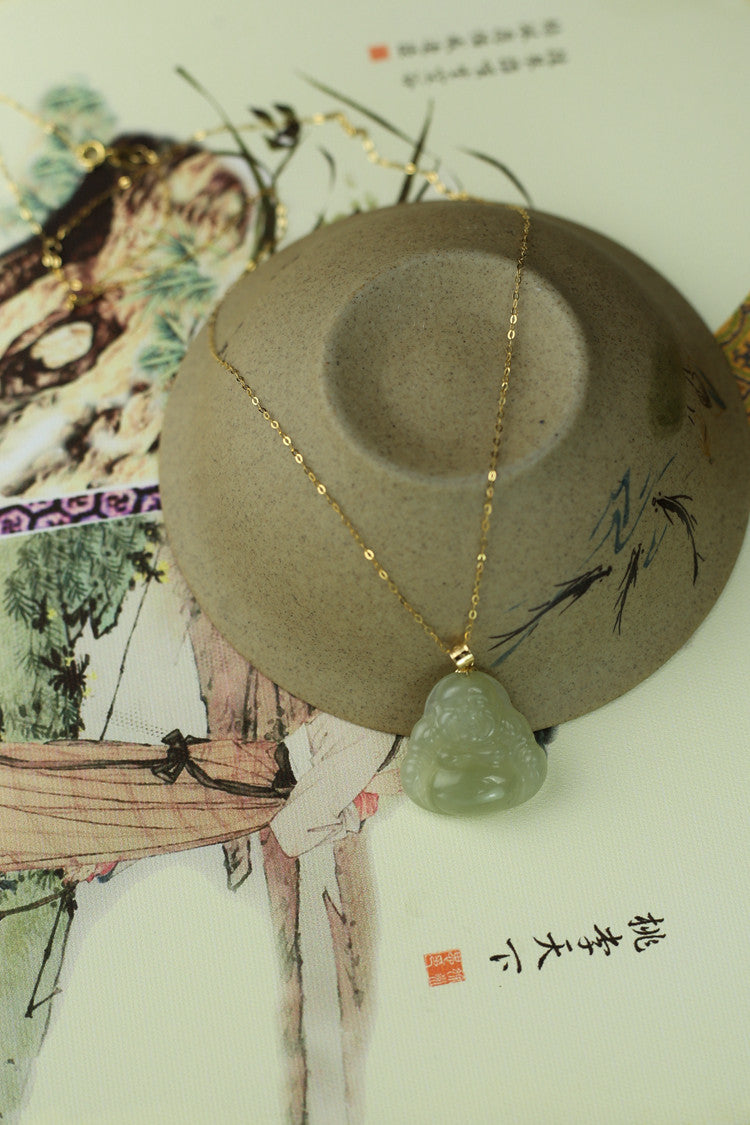 Laughing Buddha Peace & Abundance Hetian Jade Pendant Necklace