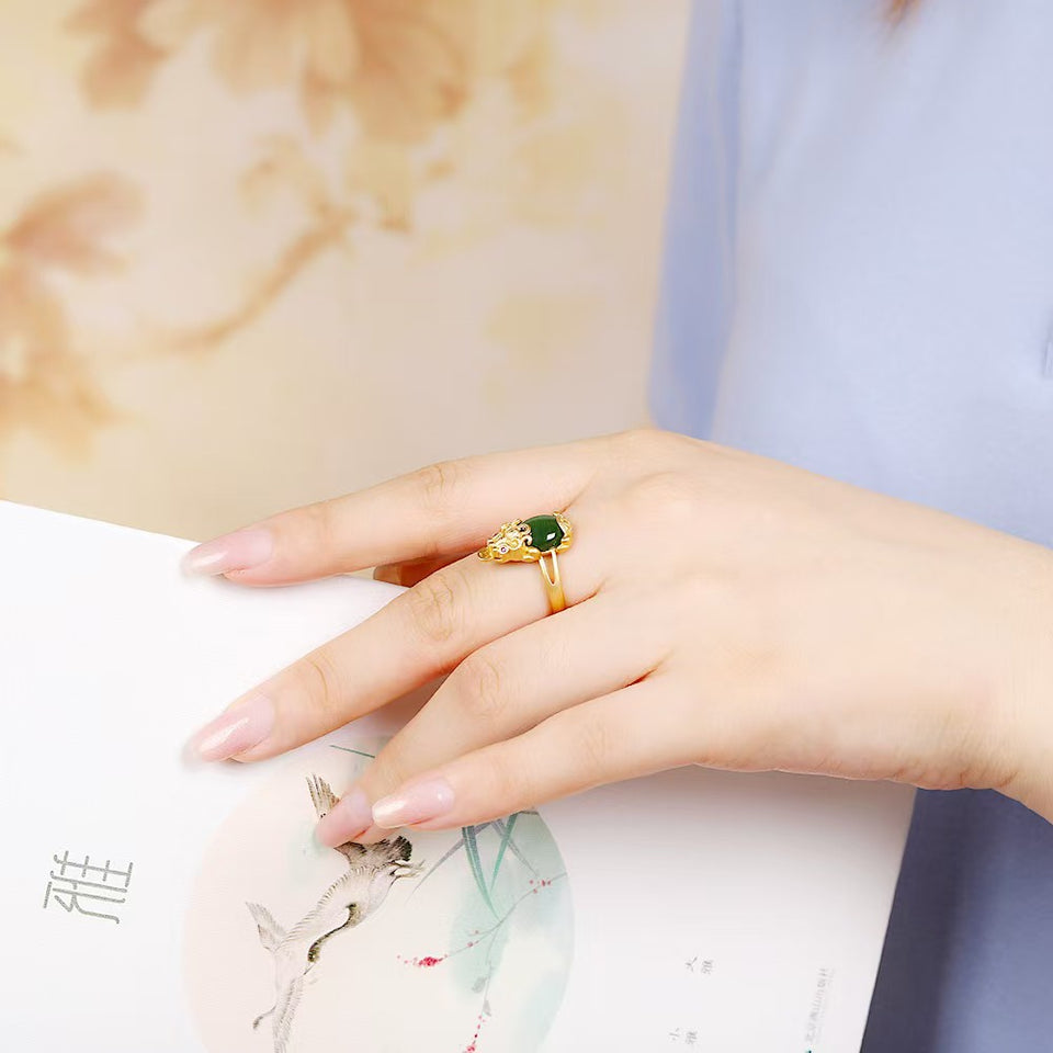 Guardian Prosperity Pixiu Green Jade Gold-Plated Silver Ring