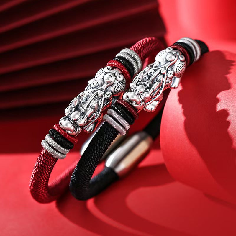 999 Silver Pixiu Handmade Rope Magnetic Clasp Bracelet-Attract Wealth