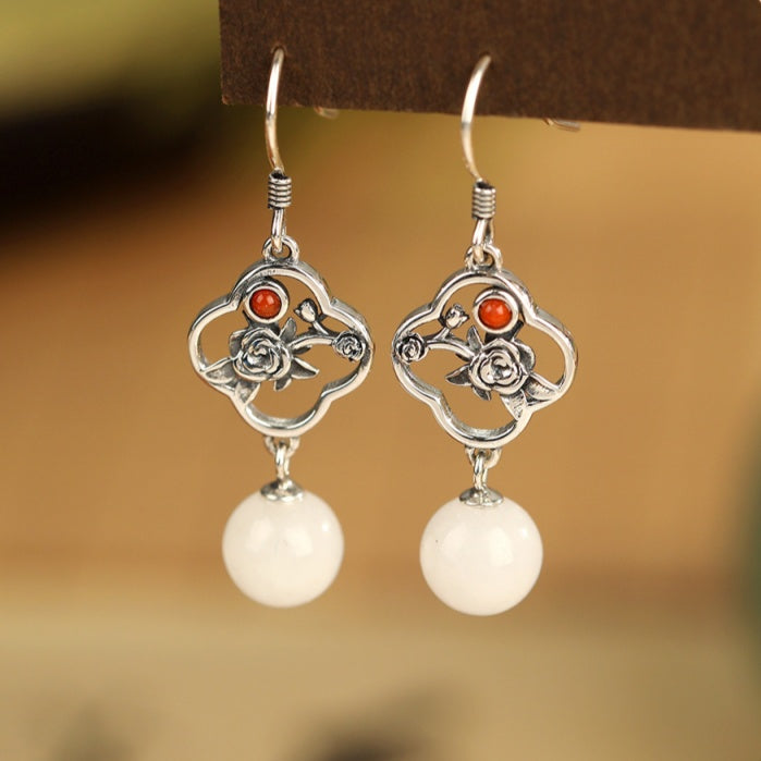 Rose Nephrite Jade Drop Earrings-A Quiet Romance