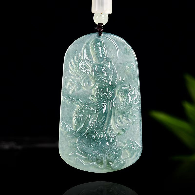 Natural Jadeite Guanyin with Dragon Pendant – Hand-Carved Ice-Type Jade