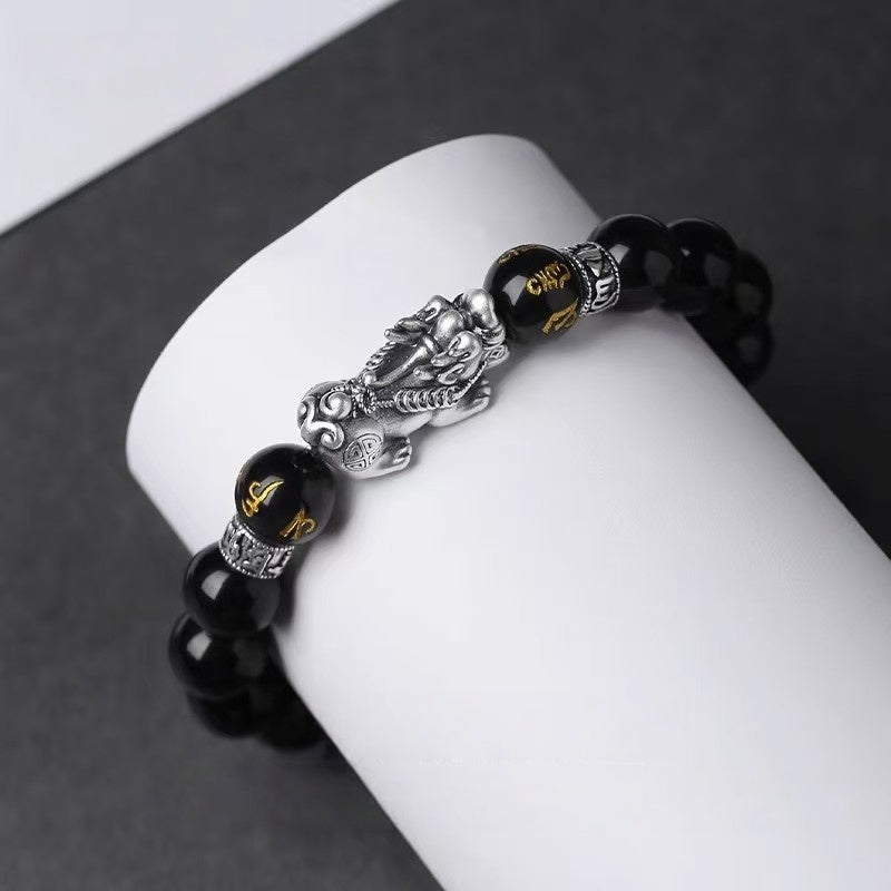 Mystic Guardian Pixiu Obsidian Bracelet in 999 Fine Silver
